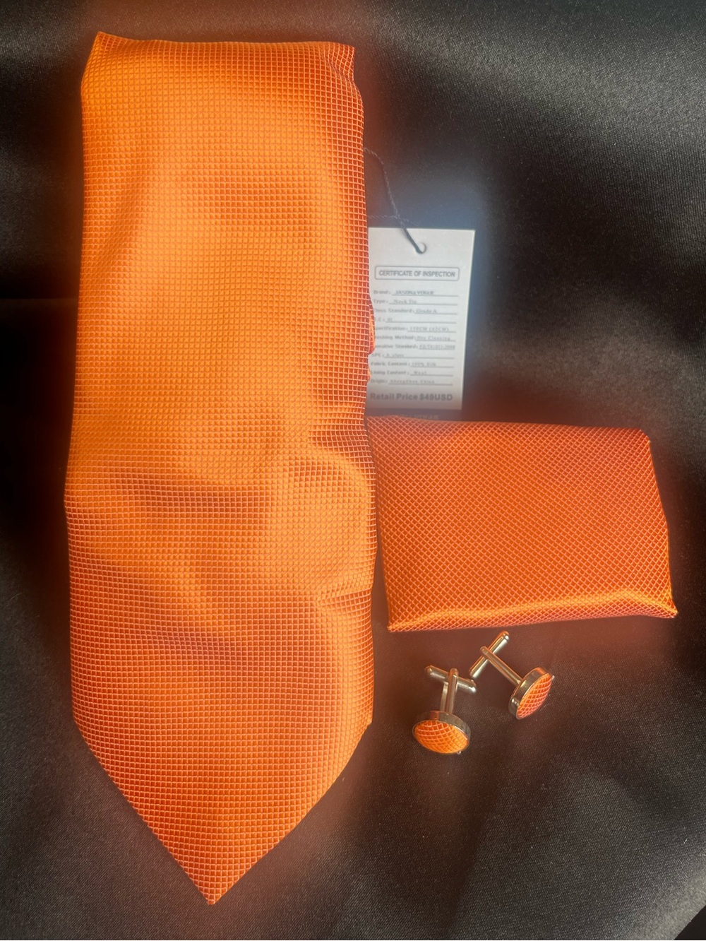 Men's Orange Tie, Pocket Square & Cufflink Set
